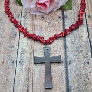 Artisan Red Chip Stone Pendant Necklace Large Jasper Stone Cross Whimsey Goth We